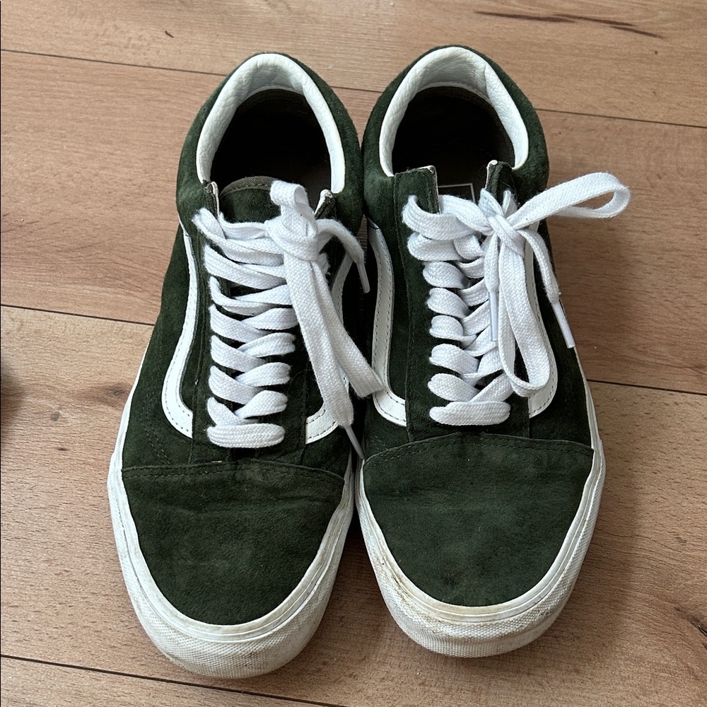 Dark Green Suede Low-Top Vans with White Trim